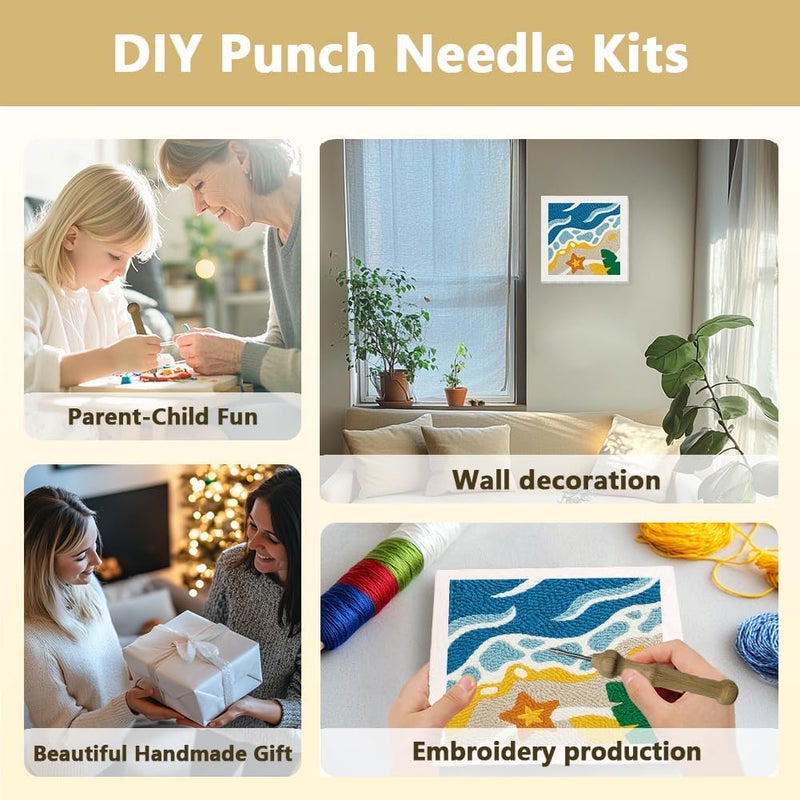 DOODLREAM Beach DIY Punch Needle Embroidery Kit for Adult Beginner, 9.4" Summer Sea Wave Punch Stitching Craft Set for Starter with Frame, Fabric Pattern, Threader, Yarn, Pinch Needle - Image 4